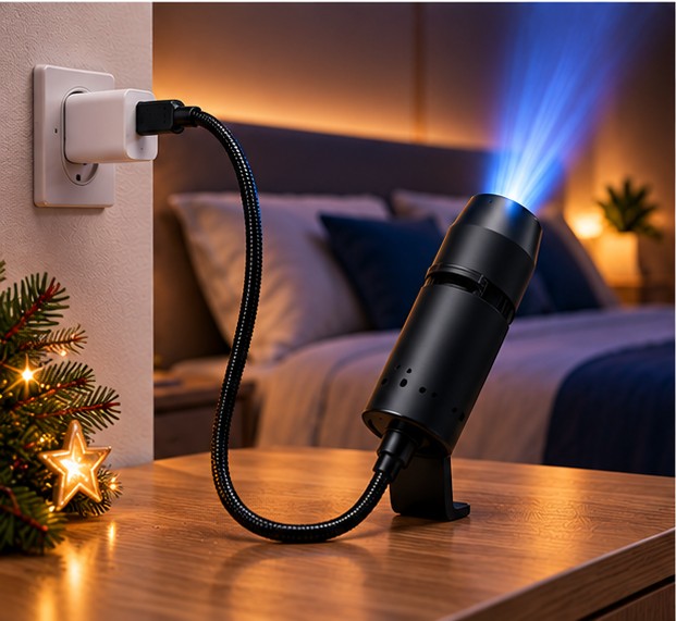 Projektor Santa Glow podłączony do zasilania przy łóżku