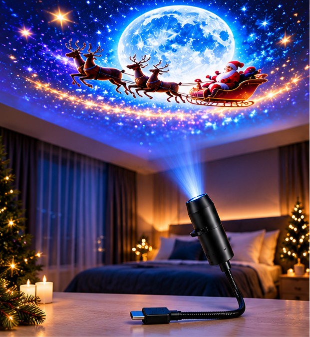 Projektor Santa Glow wyświetlający Mikołaja na saniach na suficie sypialni